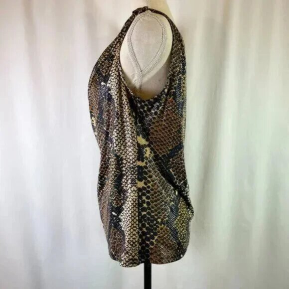 Ellen Tracy Snakeskin Print Top Drape Neck Sleeveless Black Brown Sheen Size L - Picture 2 of 8